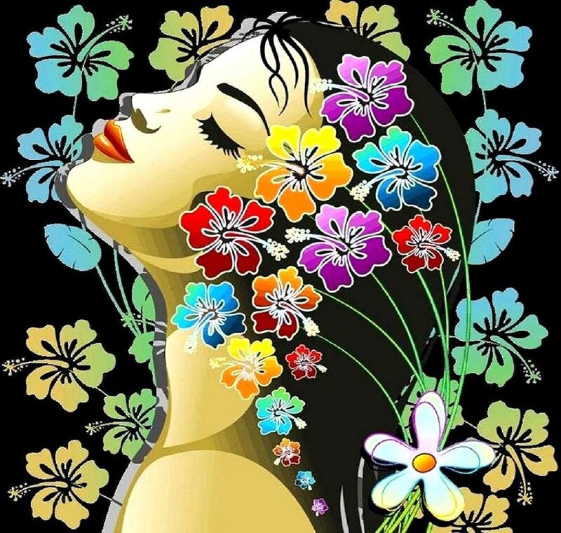 Woman with Flowers — Black, Serene, Digital Art, Hawaiian