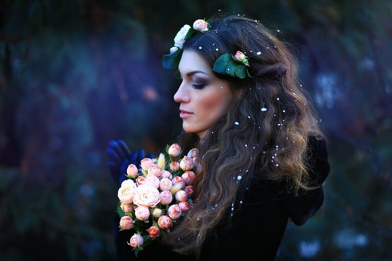 Woman with Flowers — Black, Serene, Winter
