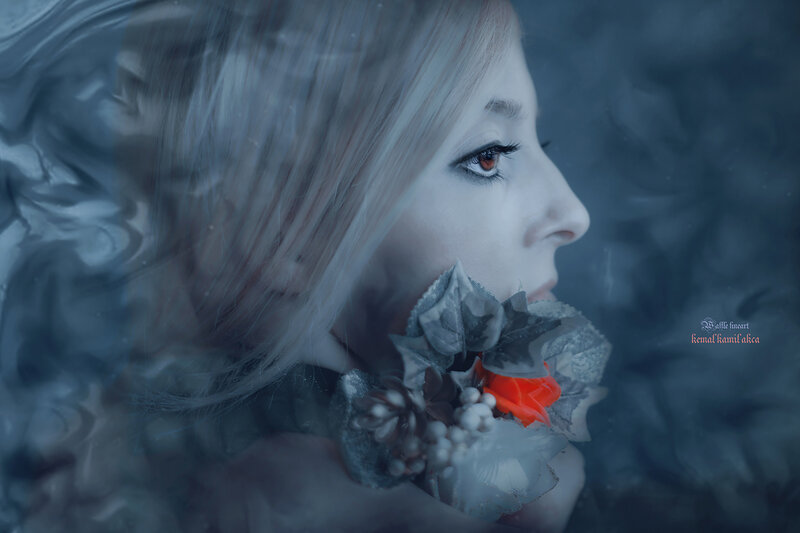 Woman with Flowers — Blue, Dramatic, Digital Art