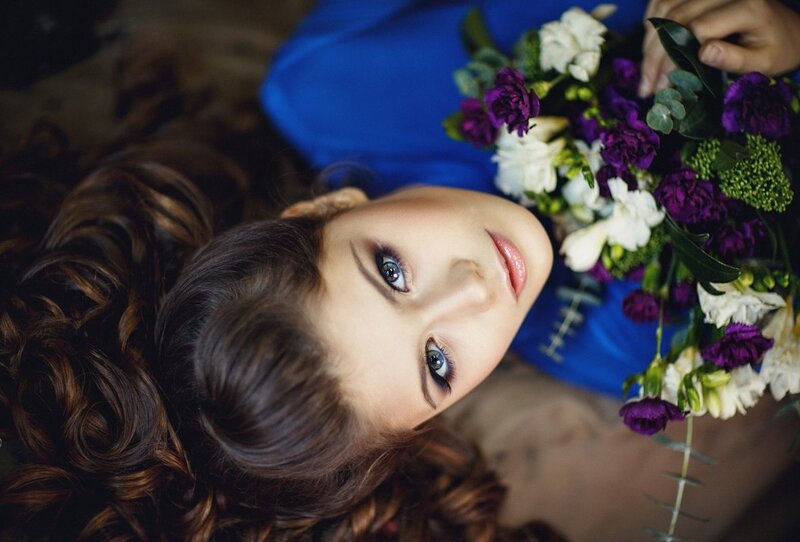 Woman with Flowers — Blue, Dramatic, Photograph, Blue Dress