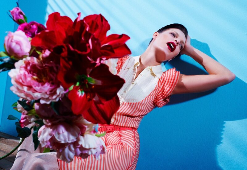 Woman with Flowers — Blue, Dramatic, Photograph