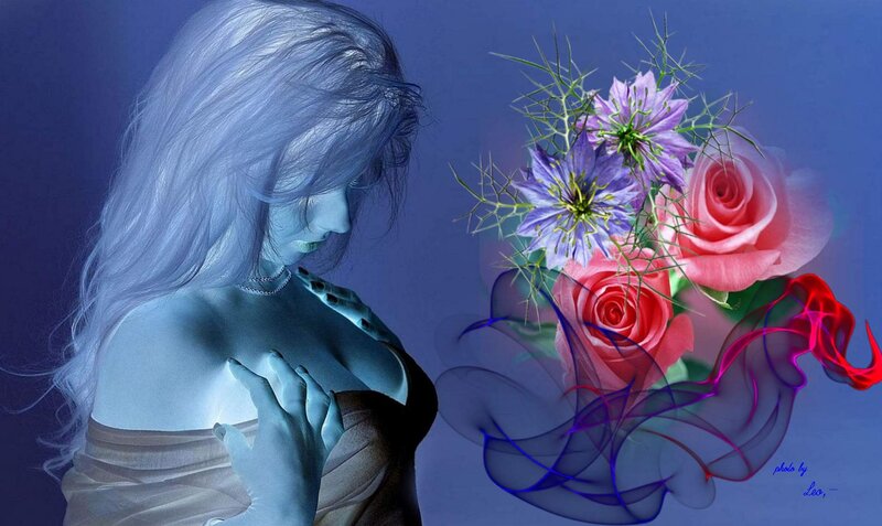 Woman with Flowers — Blue, Dreamy