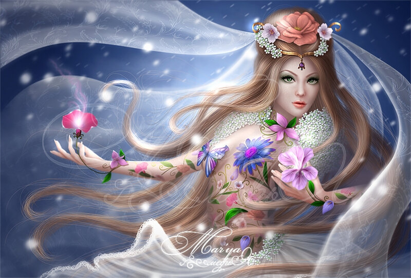 Woman with Flowers — Blue, Serene, Night, Digital Art, Butterfly