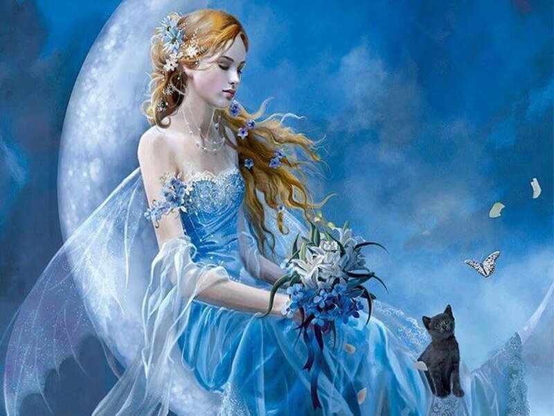 Woman with Flowers — Blue, Serene, Night, Digital Art, Cat