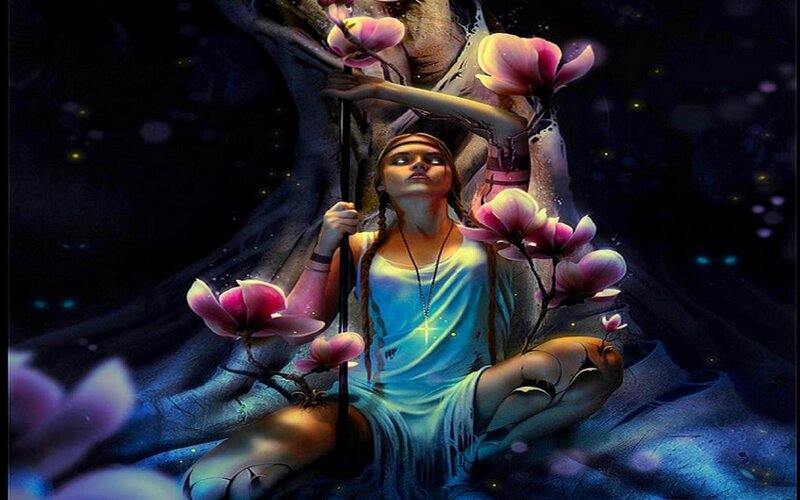Woman with Flowers — Blue, Serene, Night, Digital Art, Tree, Necklace