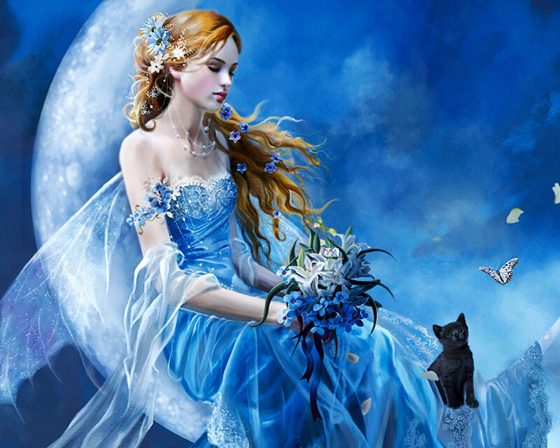 Woman with Flowers — Blue, Serene, Night