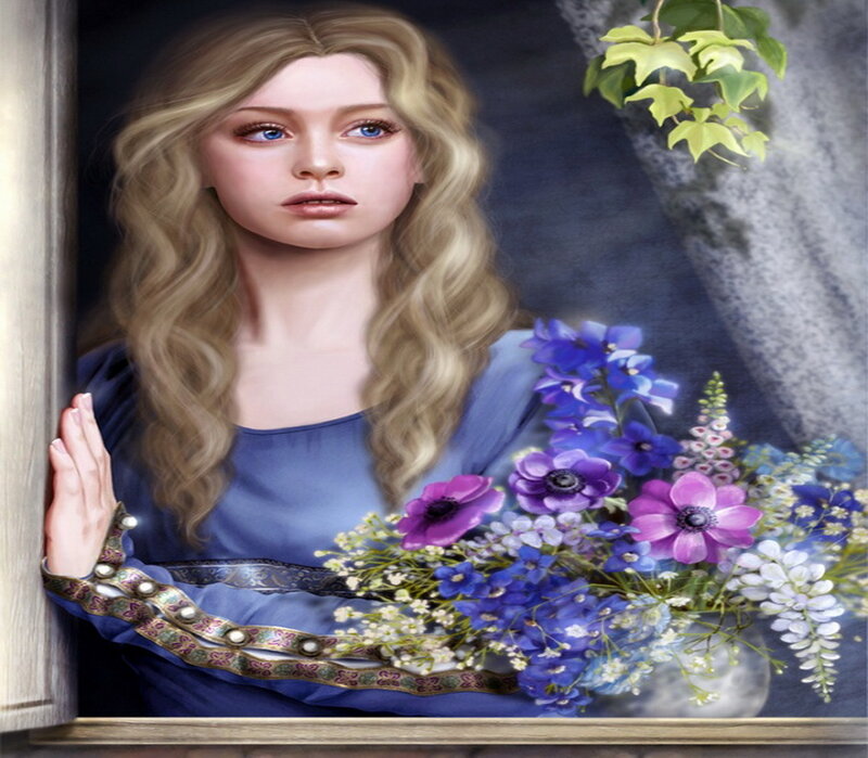 Woman with Flowers — Blue, Serene