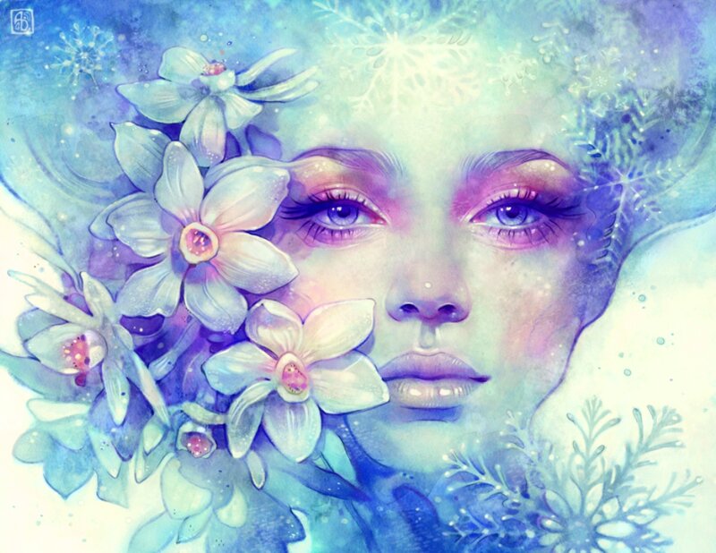 Woman with Flowers — Blue, Serene, Winter