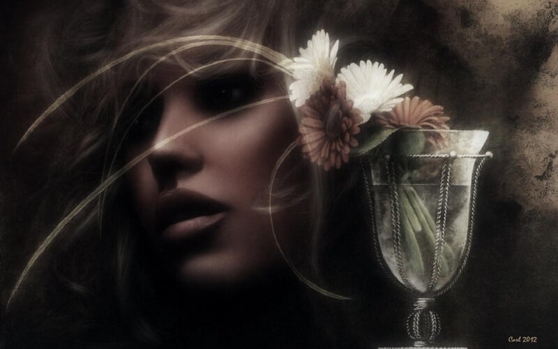 Woman with Flowers — Brown, Dramatic, Digital Art, Vase