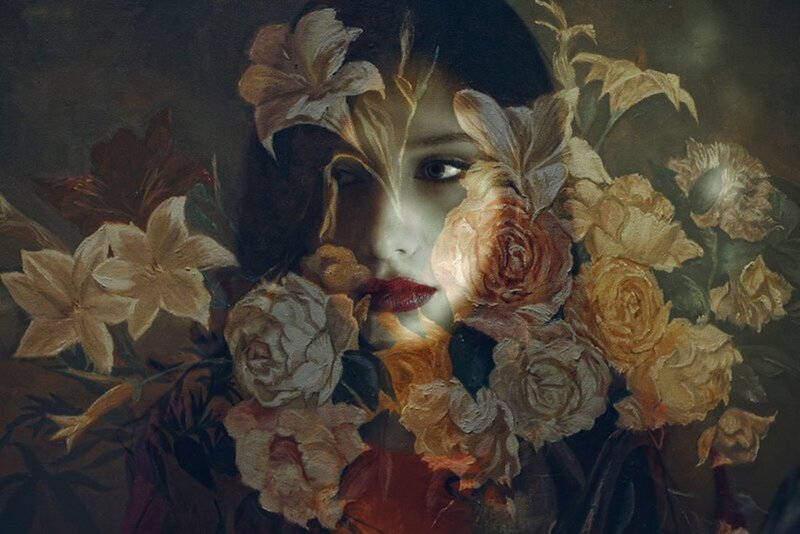 Woman with Flowers — Brown, Dramatic, Painting