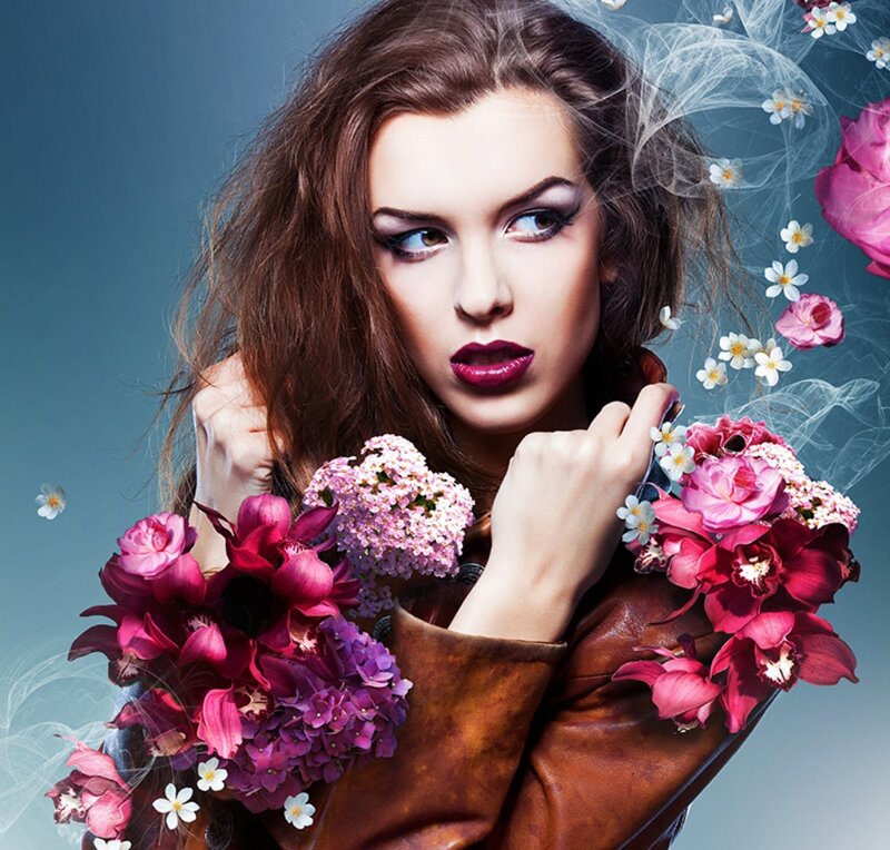 Woman with Flowers — Brown, Dramatic, Photograph