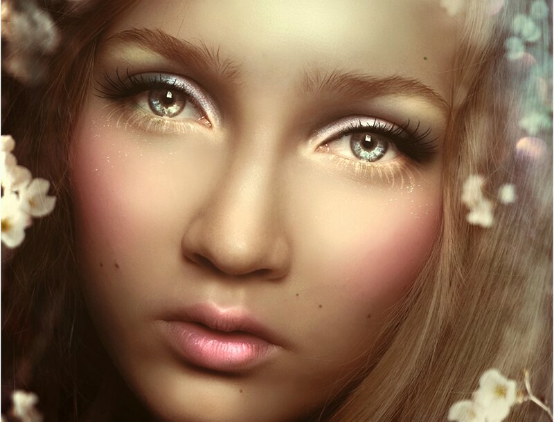 Woman with Flowers — Brown, Serene, Photograph, Eyes