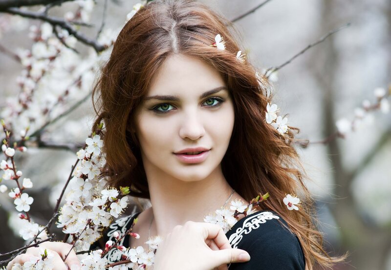 Woman with Flowers — Brown, Serene, Spring