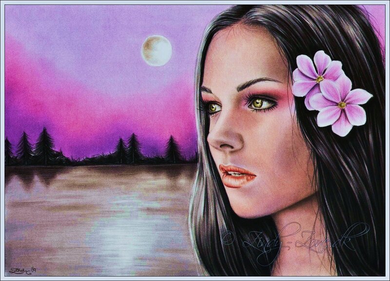 woman with flowers by lake