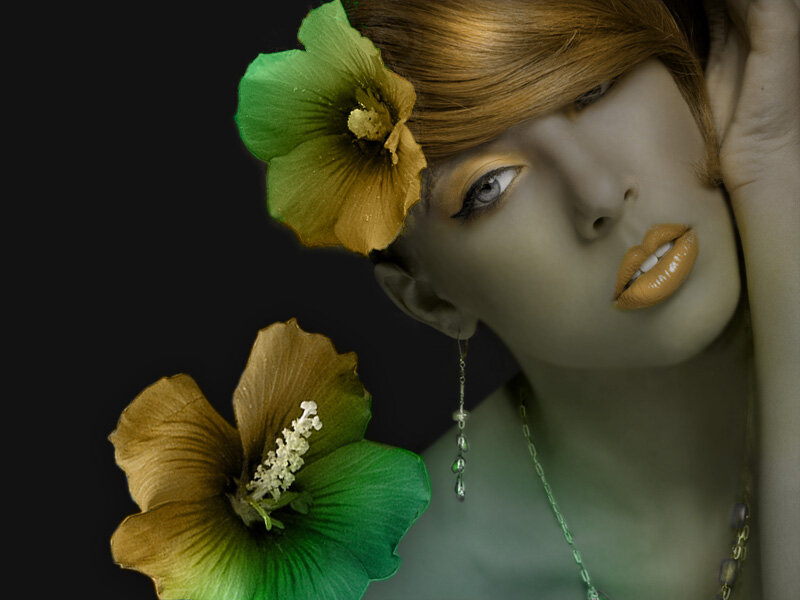 Woman with Flowers — Green, Dramatic, Photograph
