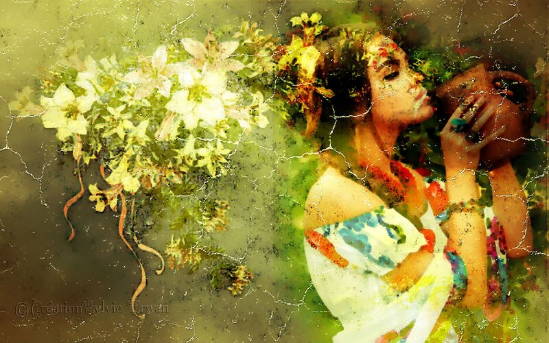 Woman with Flowers — Green, Dreamy, Digital Art