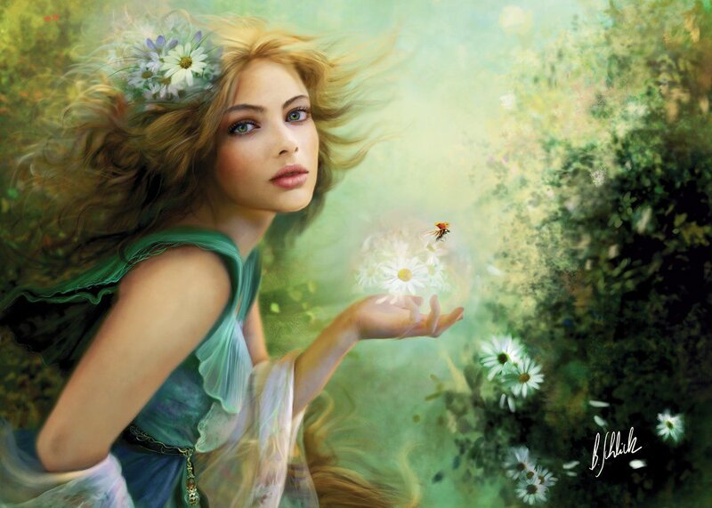 Woman with Flowers — Green, Serene, Afternoon, Digital Art