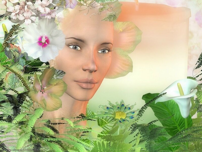 Woman with Flowers — Green, Serene, Digital Art, Leaves