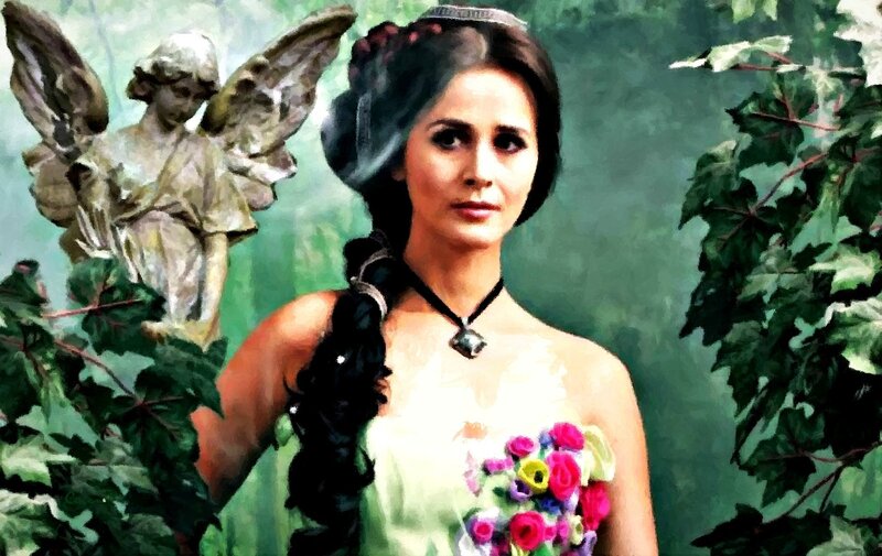 Woman with Flowers — Green, Serene, Painting