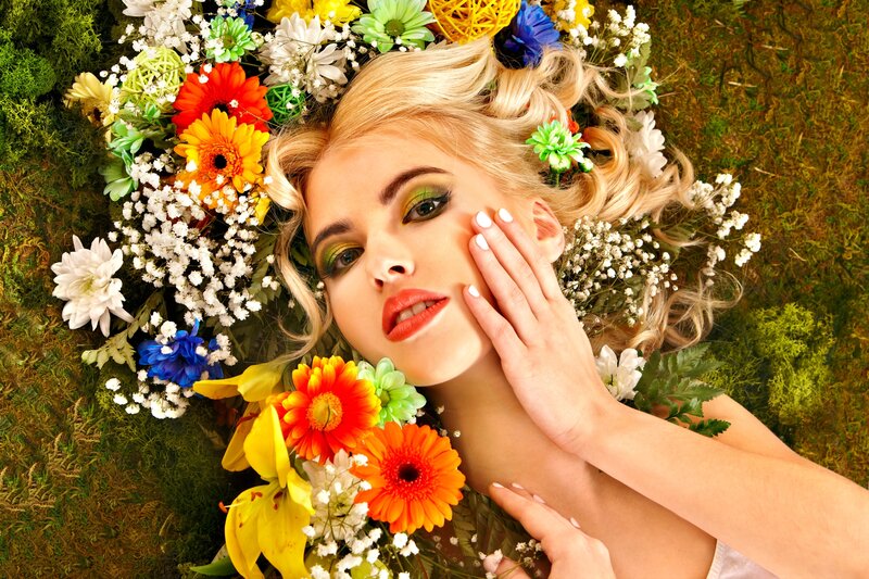 Woman with Flowers — Green, Serene, Photograph