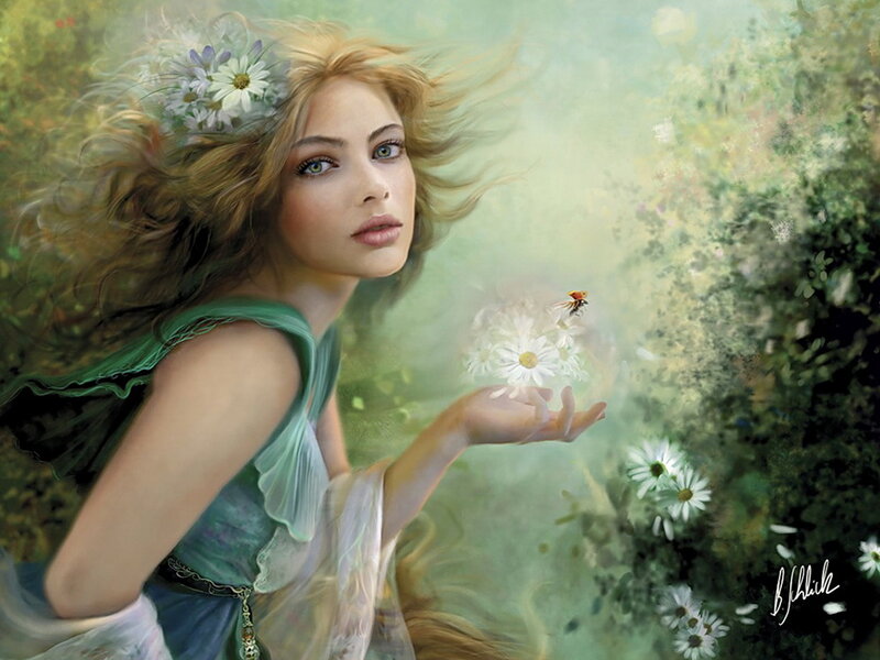Woman with Flowers — Green, Serene, Spring