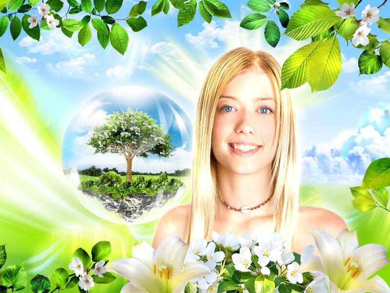 Woman with Flowers — Green, Serene
