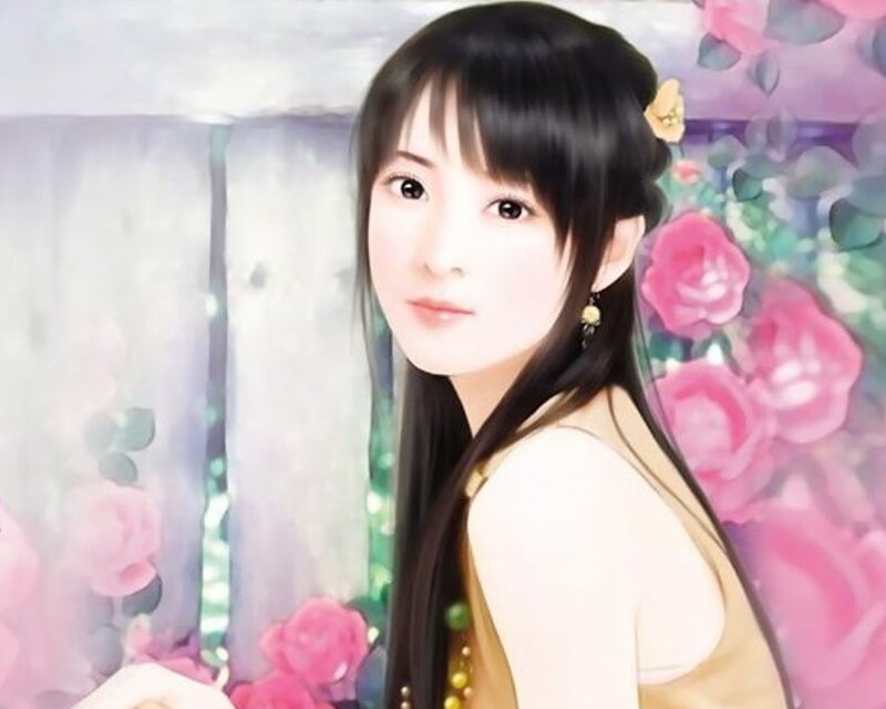 woman with flowers in background