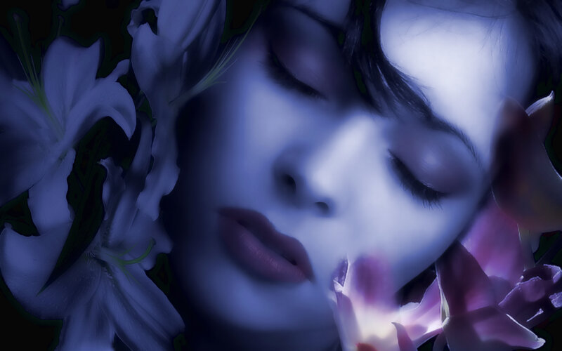 woman with flowers in blue light