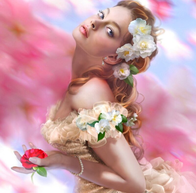 woman with flowers in dreamy setting