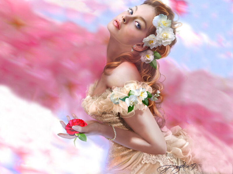 woman with flowers in dreamy setting