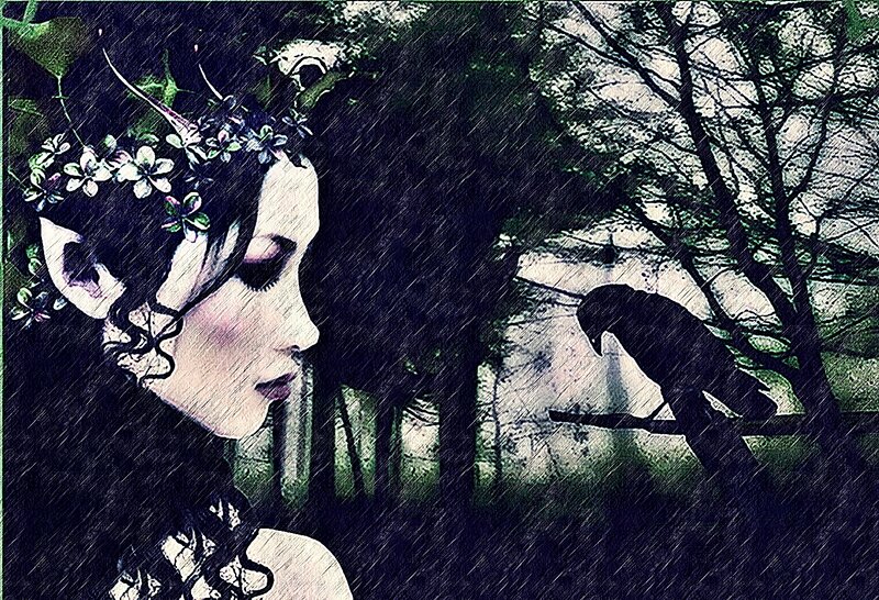 woman with flowers in forest