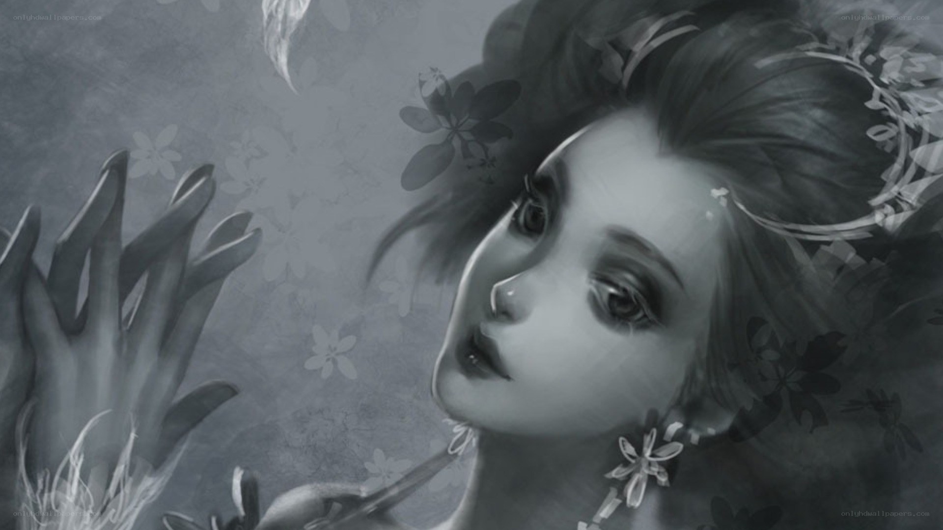 woman with flowers in grayscale