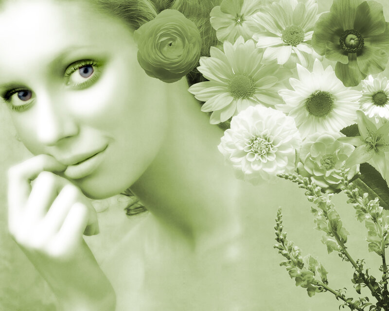 woman with flowers in green tones