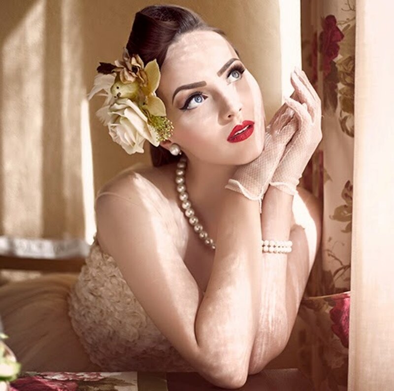 Woman with Flowers in Hair — Beige, Dramatic, Afternoon
