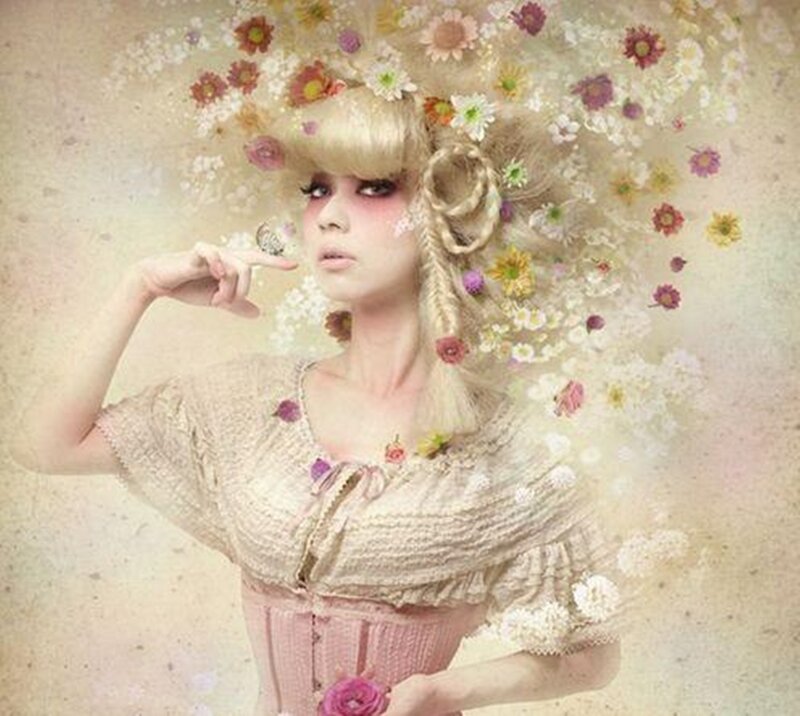 Woman with Flowers in Hair — Beige, Dreamy