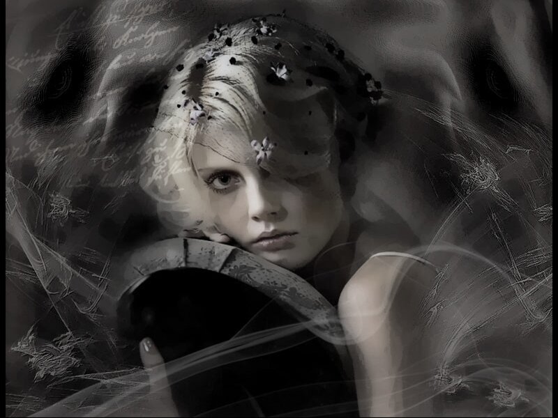 Woman with Flowers in Hair — Black, Dramatic, Digital Art