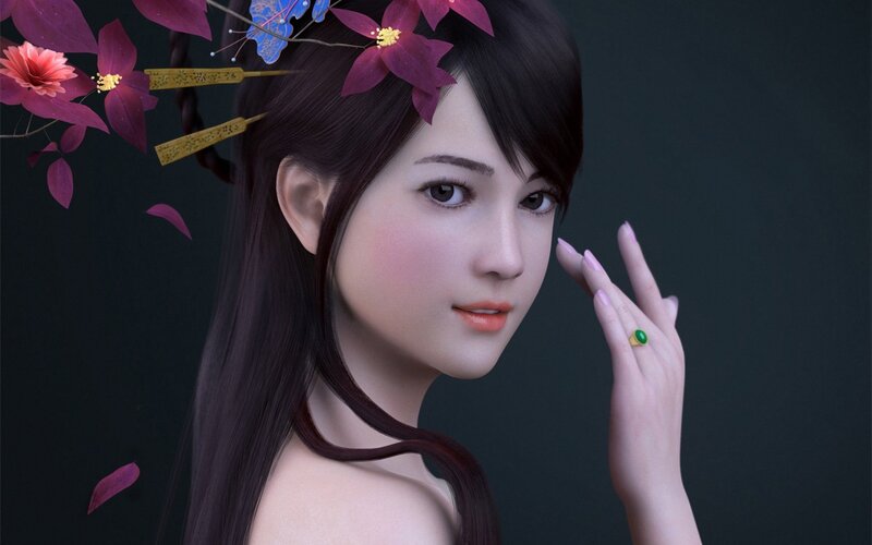 Woman with Flowers in Hair — Black, Serene, 3d Render