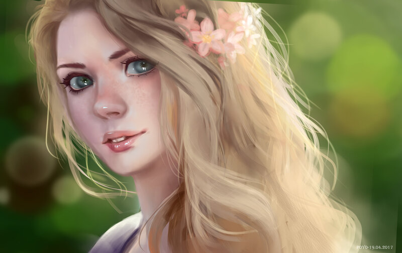 Woman with Flowers in Hair — Blonde, Serene, Spring