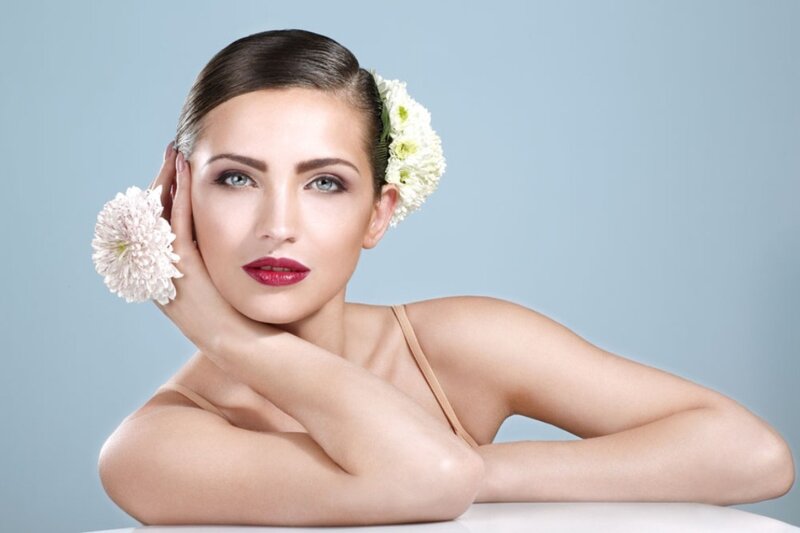 Woman with Flowers in Hair — Blue, Calm, Photograph