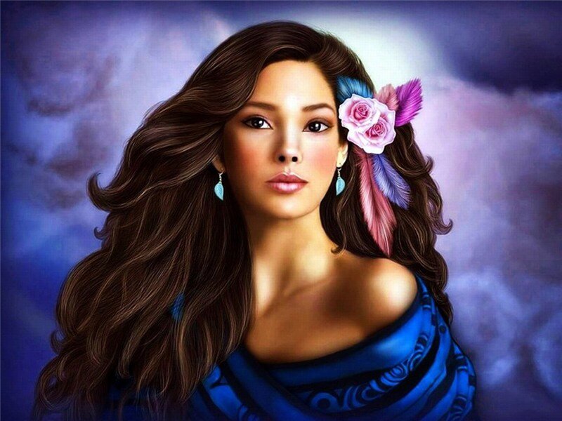 Woman with Flowers in Hair — Blue, Dramatic, Digital Art, Feathers