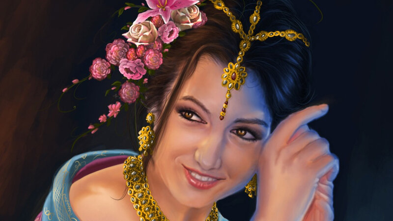 Woman with Flowers in Hair — Blue, Dramatic, Digital Art