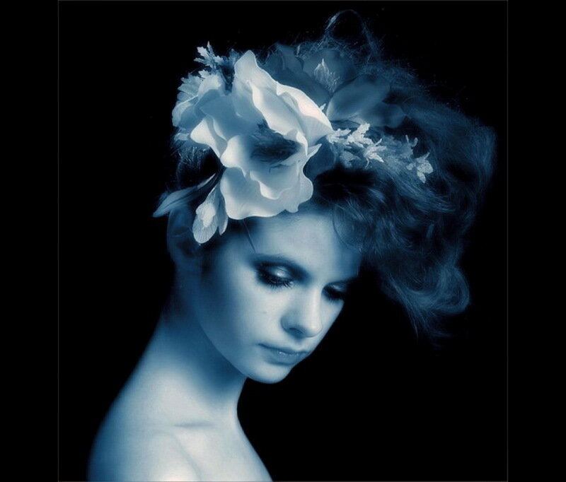 Woman with Flowers in Hair — Blue, Dramatic