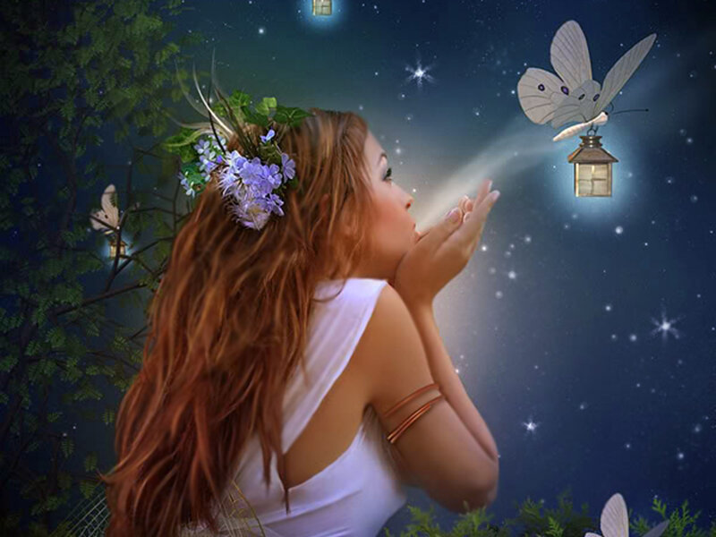 Woman with Flowers in Hair — Blue, Serene, Night