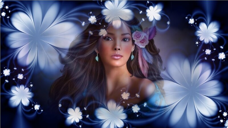 Woman with Flowers in Hair — Blue, Serene