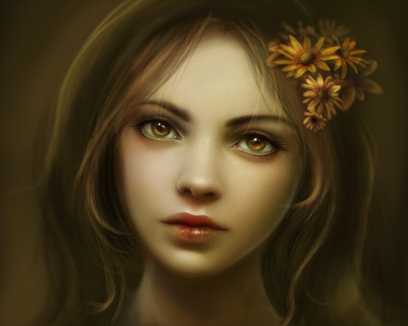 Woman with Flowers in Hair — Brown, Calm