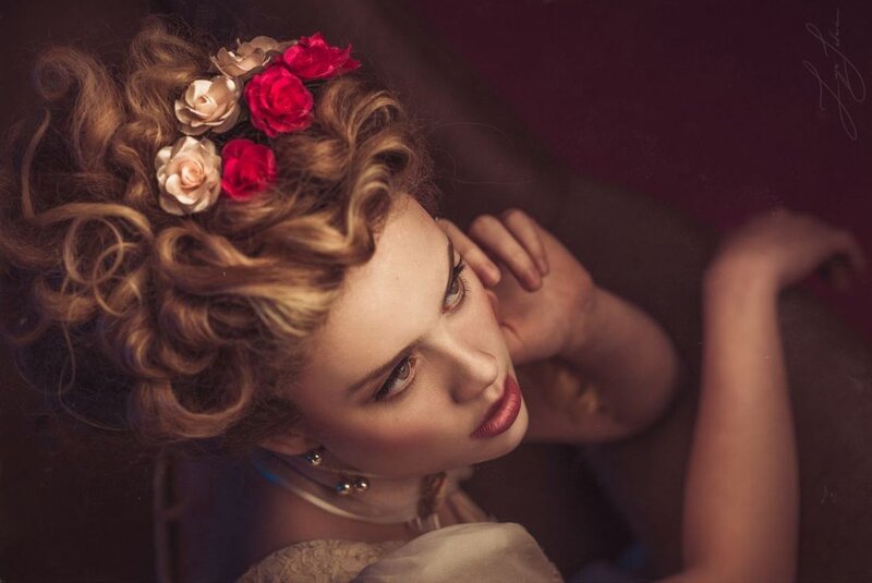 Woman with Flowers in Hair — Brown, Dramatic, Photograph, Curly Hair
