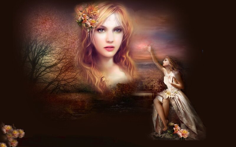 Woman with Flowers in Hair — Brown, Dreamy
