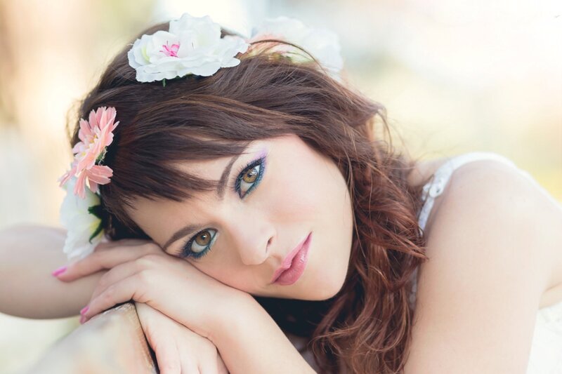 Woman with Flowers in Hair — Brown, Serene, Afternoon, Photograph