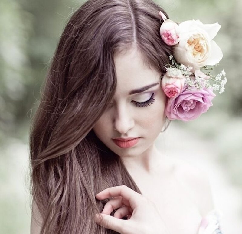 Woman with Flowers in Hair — Brown, Serene, Photograph, Long Hair