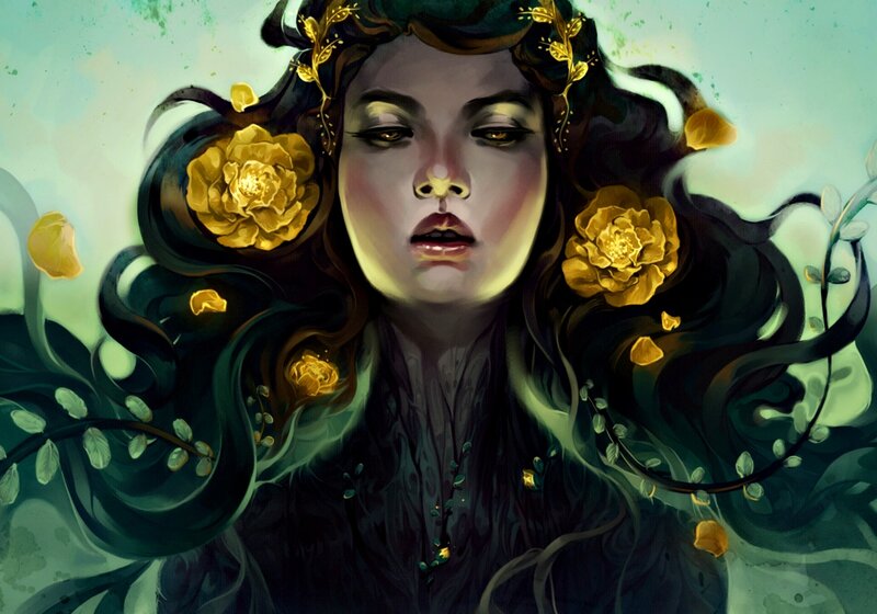 Woman with Flowers in Hair — Green, Ethereal